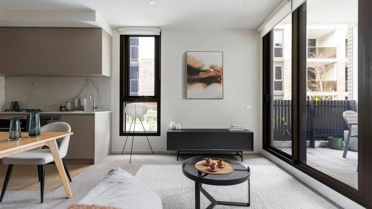 Modern kitchen dining and living room living area at Realm Caulfield in Melbourne Student Accommodation