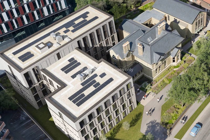Modern buildings solar panels pathways exterior at St Gabriels in Manchester Student Accommodation