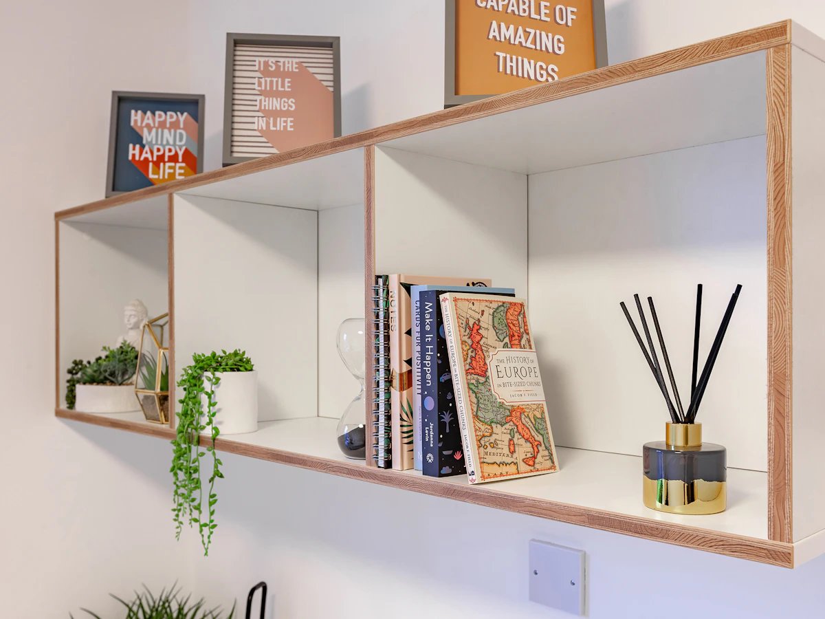 Books plants hourglass diffuser framed art shelf area at Fulham Palace Studios in London Student Accommodation