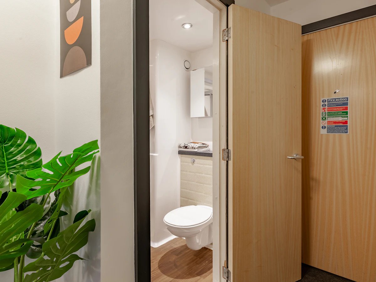 Toilet and plant inside an apartment bathroom at Fulham Palace Studios in London Student Accommodation
