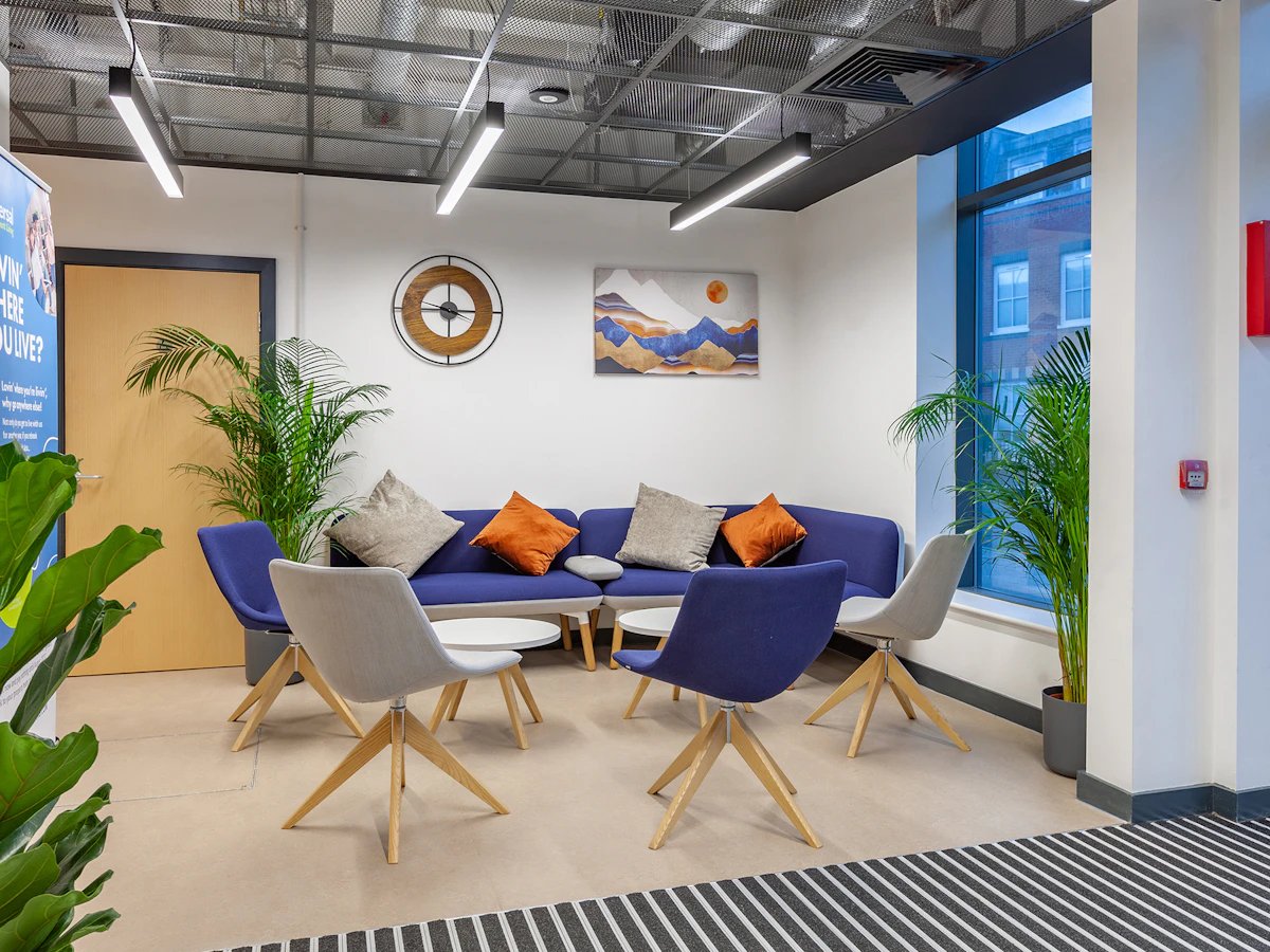 Blue sofa grey chairs art and plants living area at Fulham Palace Studios in London Student Accommodation