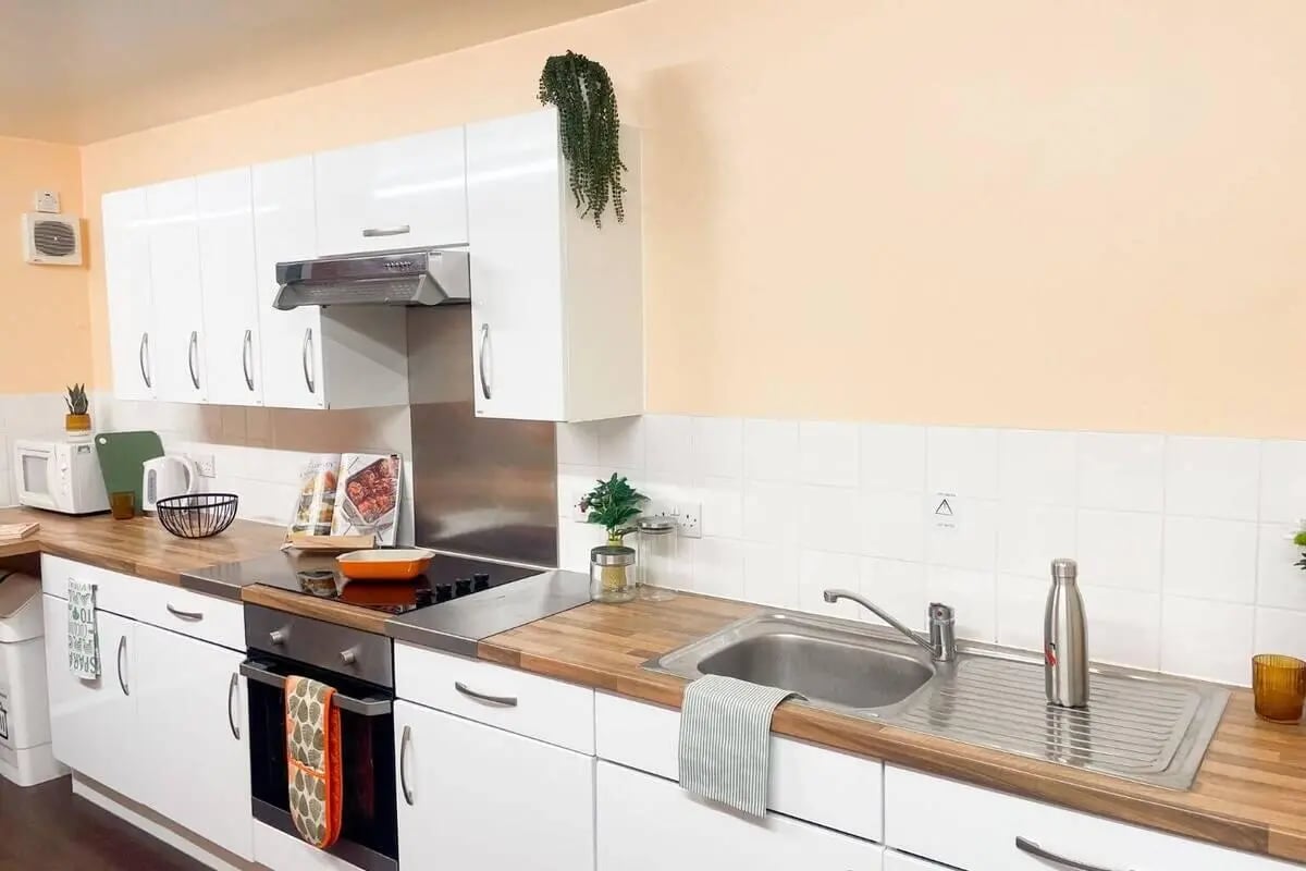 White cabinets oven sink microwave kitchen at Don Gratton House in London Student Accommodation