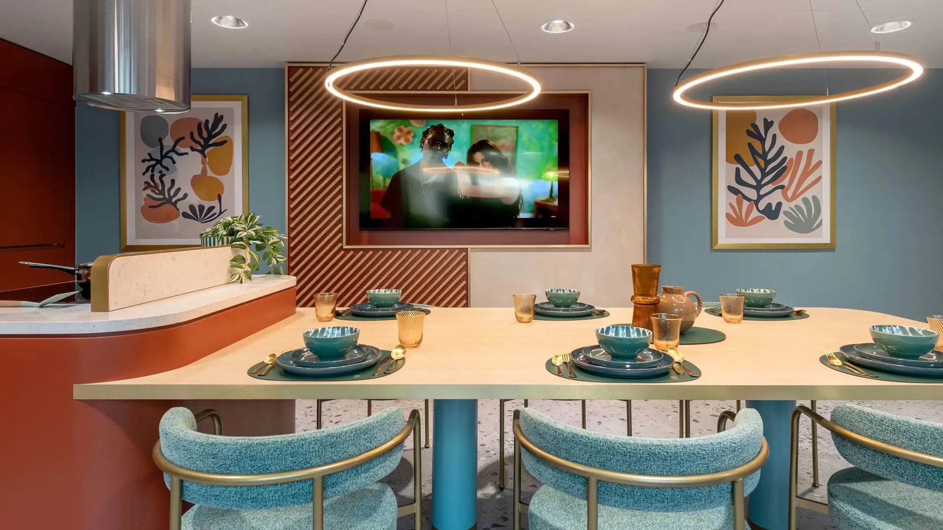 Dining table set with bowls and artwork dining area at Wick Park in London Student Accommodation