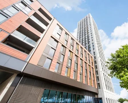 Modern buildings with balconies and windows exterior at Scape Wembley in London Student Accommodation