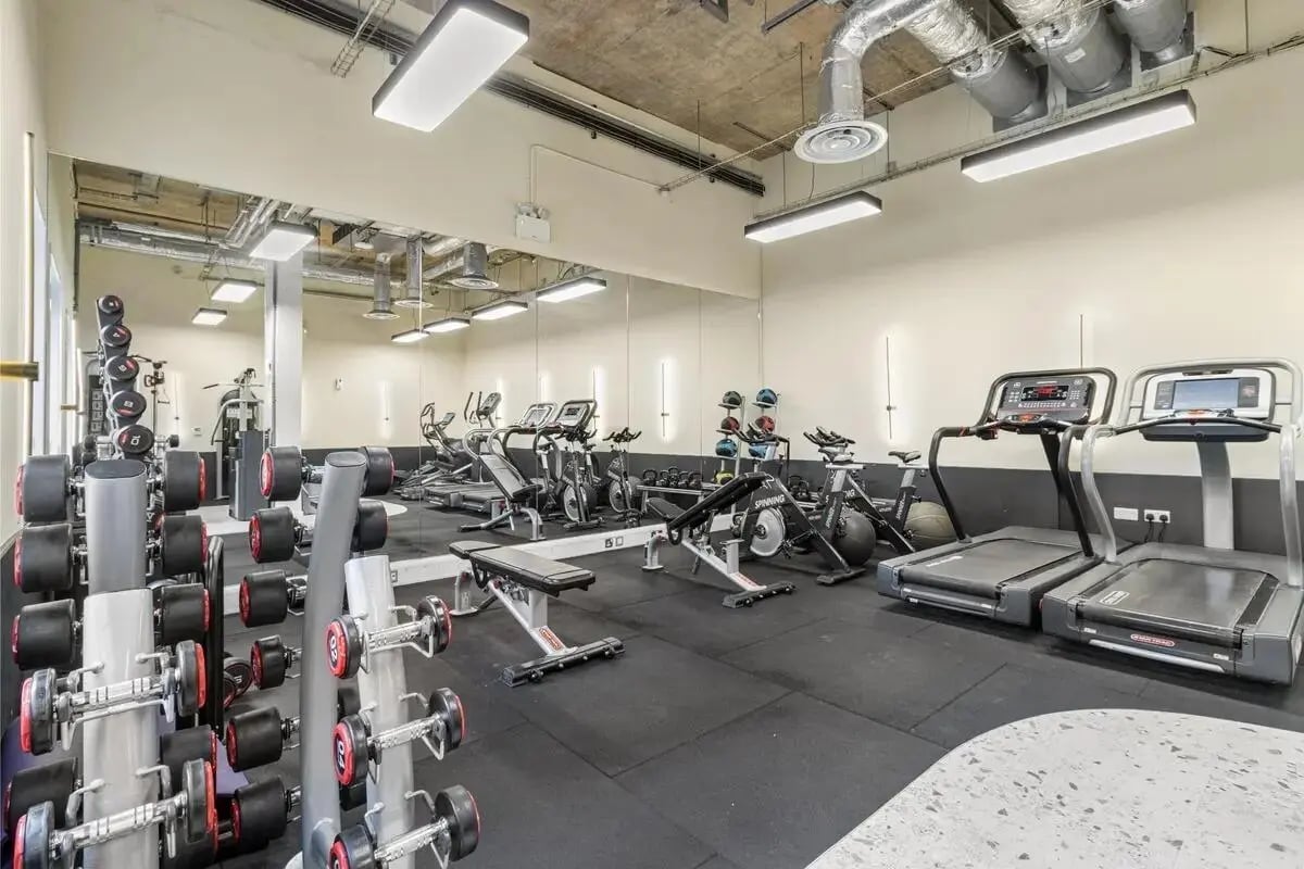 Dumbbells treadmills exercise bikes weight bench gym at Chapter Islington in London Student Accommodation