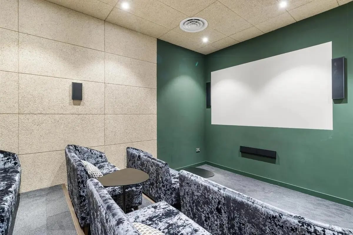 Movie theater seating screen and speakers playing area at Chapter Islington in London Student Accommodation