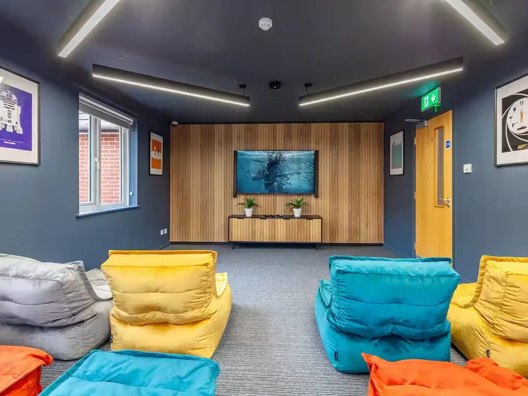 Beanbags and TV in lounge area at Calthorpe Court in Birmingham Student Accommodation