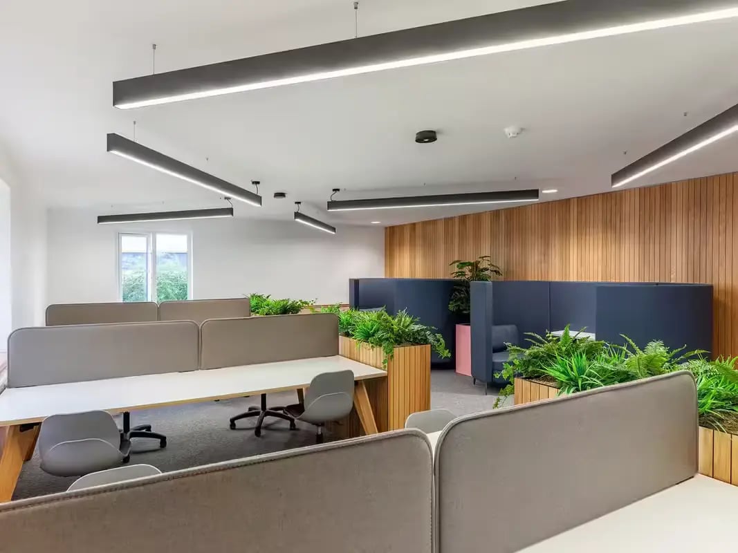 Desks plants and seating pods study area at Calthorpe Court in Birmingham Student Accommodation