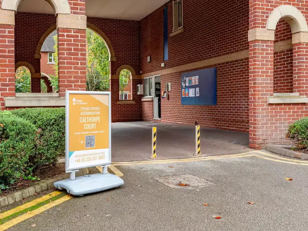 Signage at building entrance exterior at Calthorpe Court in Birmingham Student Accommodation
