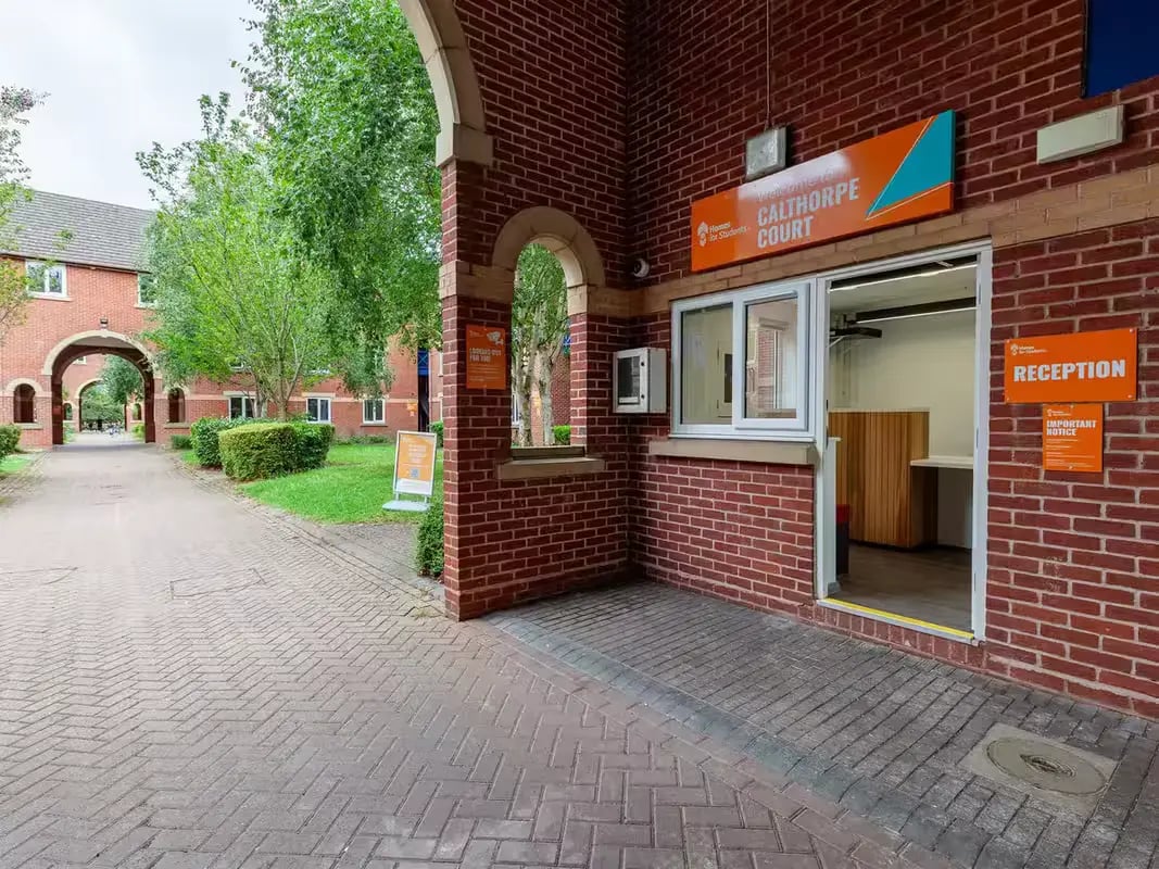 Brick reception building with Calthorpe Court signage exterior at Calthorpe Court in Birmingham Student Accommodation