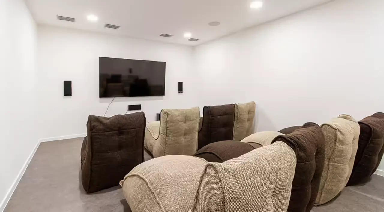 Beanbag chairs facing television movie room at Dean Street Works in Bristol Student Accommodation
