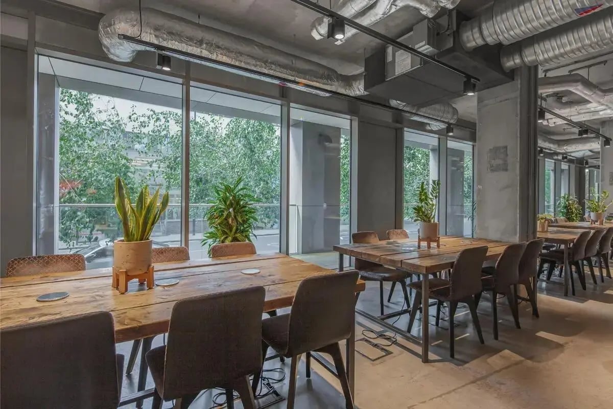 Wooden tables with chairs plants study area at Chapter Lewisham in London Student Accommodation