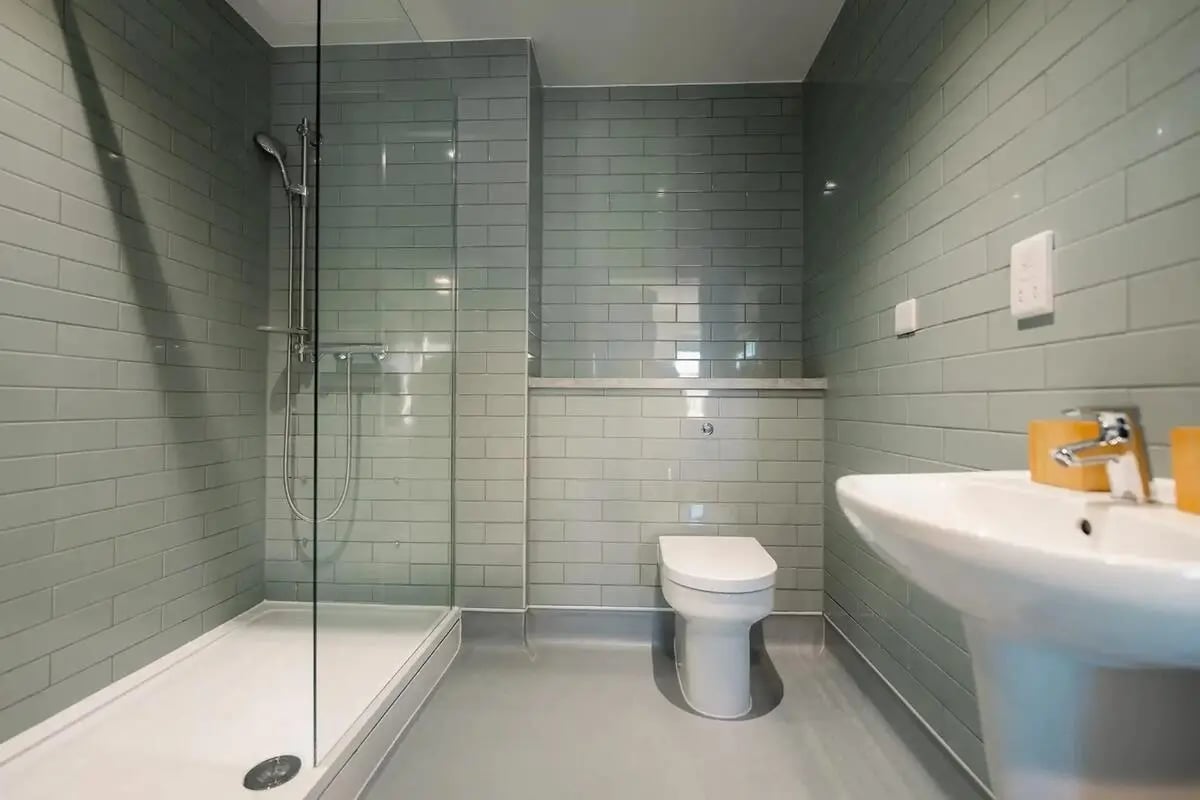 Glass shower toilet sink tiled bathroom at Redgate in Nottingham Student Accommodation