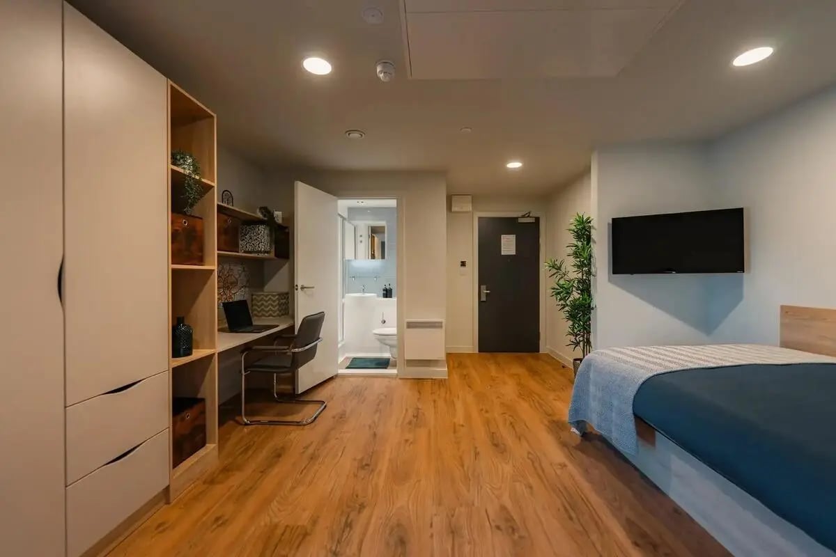 Bed desk wardrobe and bathroom student studio at Redgate in Nottingham Student Accommodation