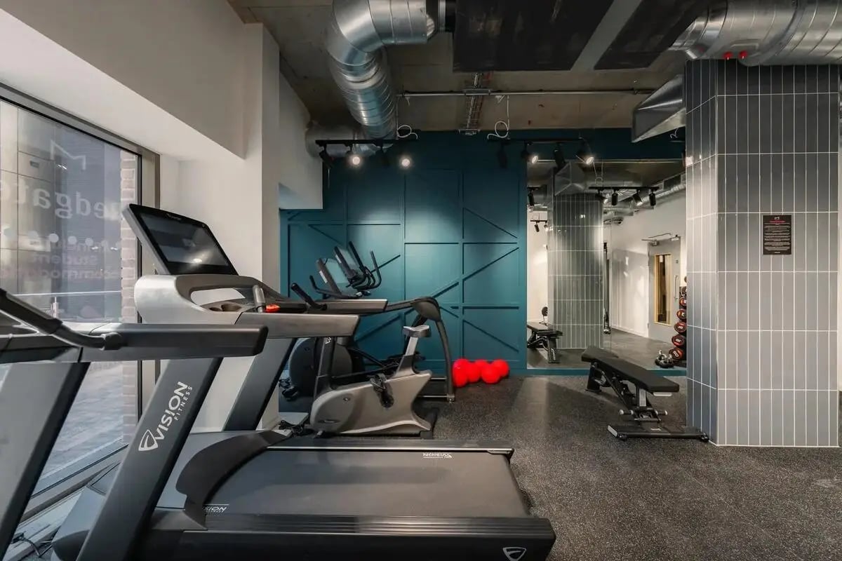 Treadmills ellipticals benches and dumbbells Gym at Redgate in Nottingham Student Accommodation