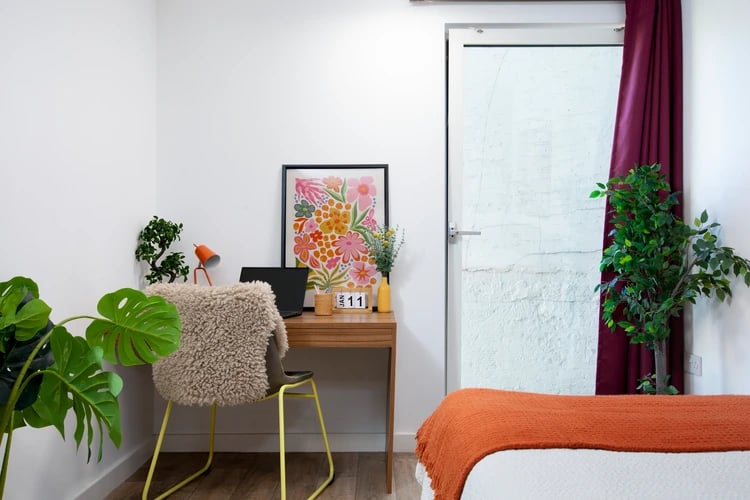 Desk with laptop plants and artwork study area at Student Living Heights in London Student Accommodation