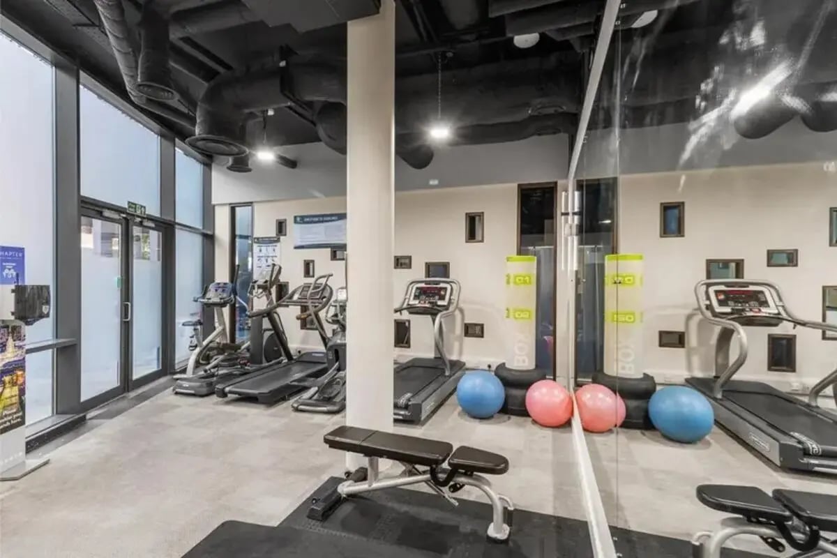 Treadmills weight bench exercise balls fitness area at Chapter Highbury in London Student Accommodation