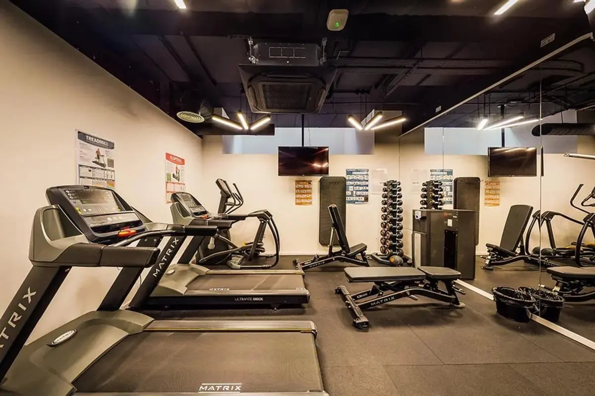 Treadmills elliptical exercise benches and weights gym at Chapter Westminster in London Student Accommodation