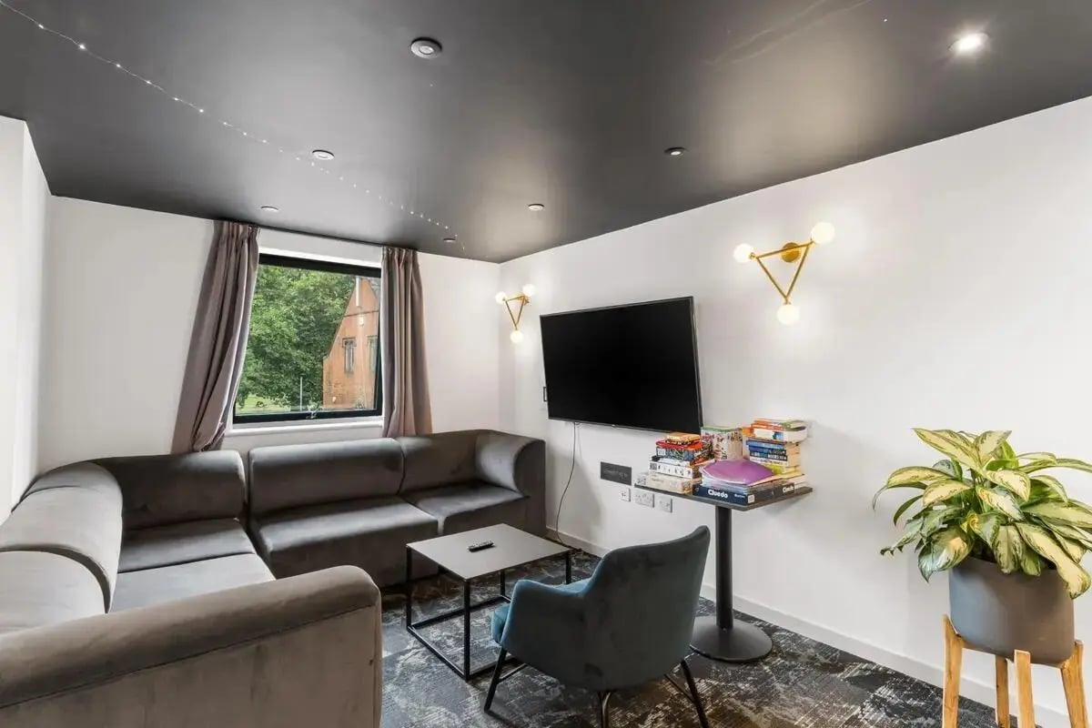 Sectional sofa TV coffee table books plant living room at Chapter Westminster in London Student Accommodation