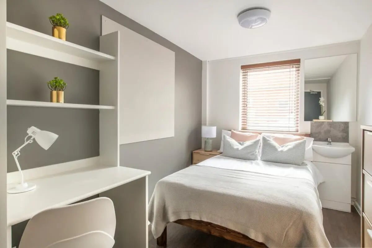 Desk bed plants sink mirror bedroom at 4 Rob Roy House in Nottingham Student Accommodation