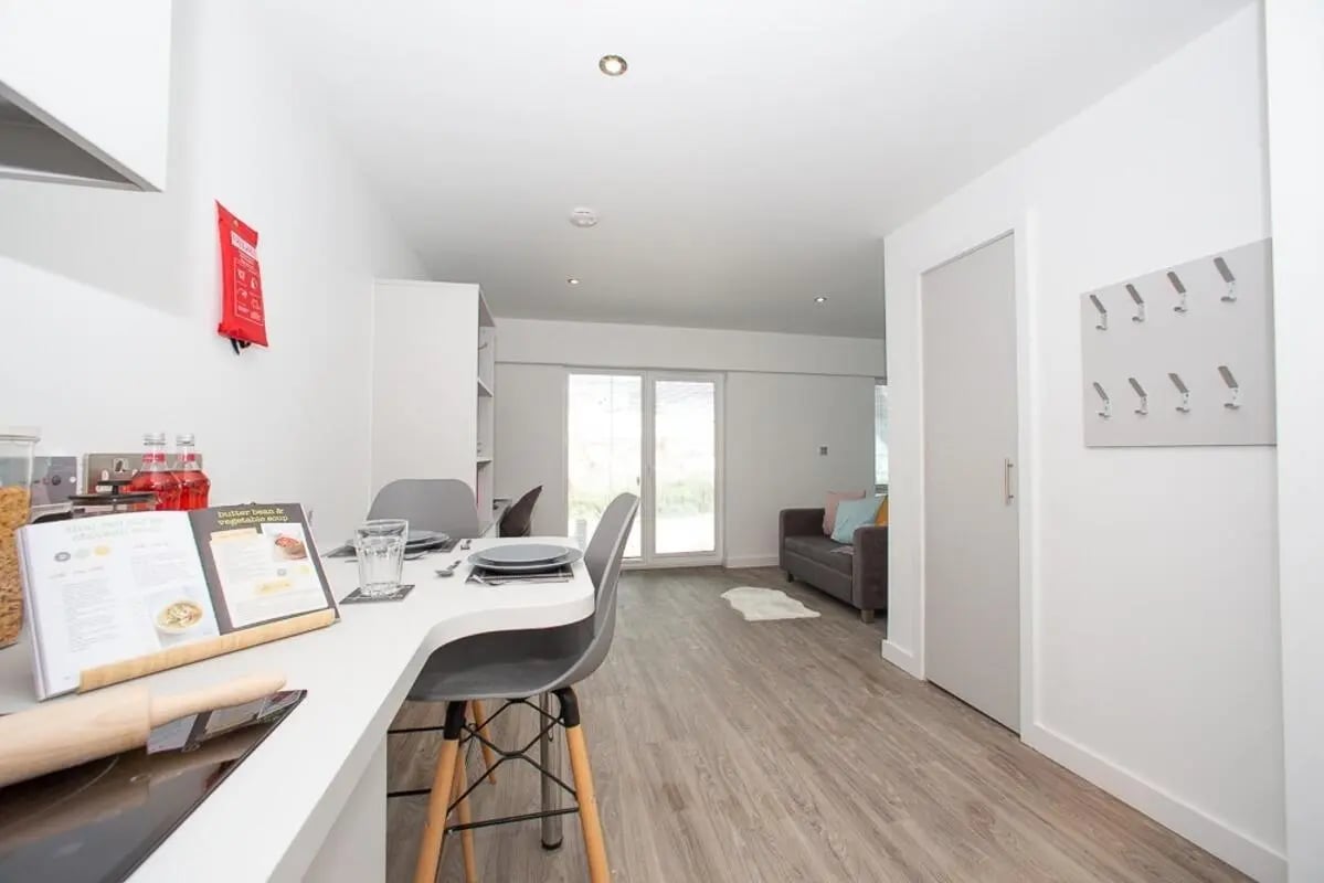Kitchen with dining area and living space living room at The Laceworks Nottingham in Nottingham Student Accommodation