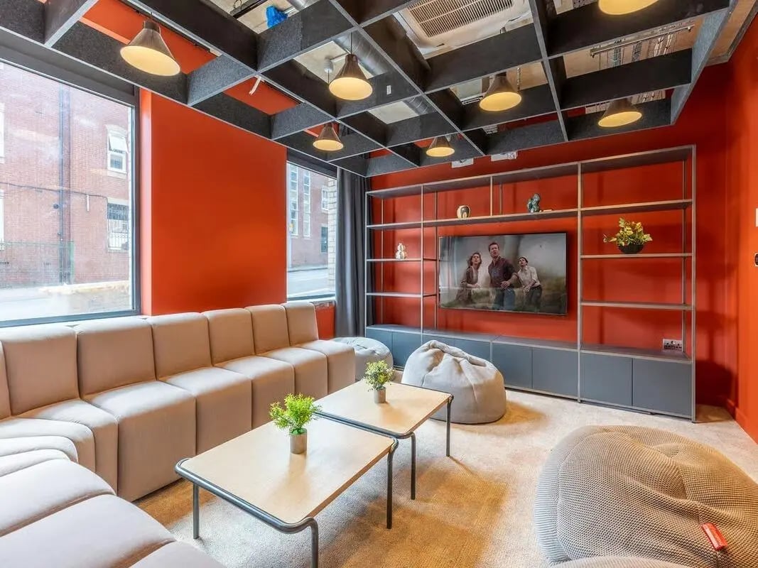 Sofa beanbags tables TV living room at Fabric in Nottingham Student Accommodation