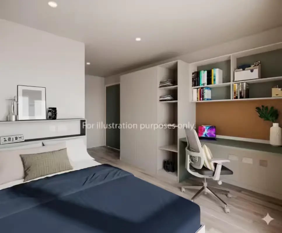 Bed desk with laptop shelves and chair bedroom at City Wharf in Glasgow Student Accommodation