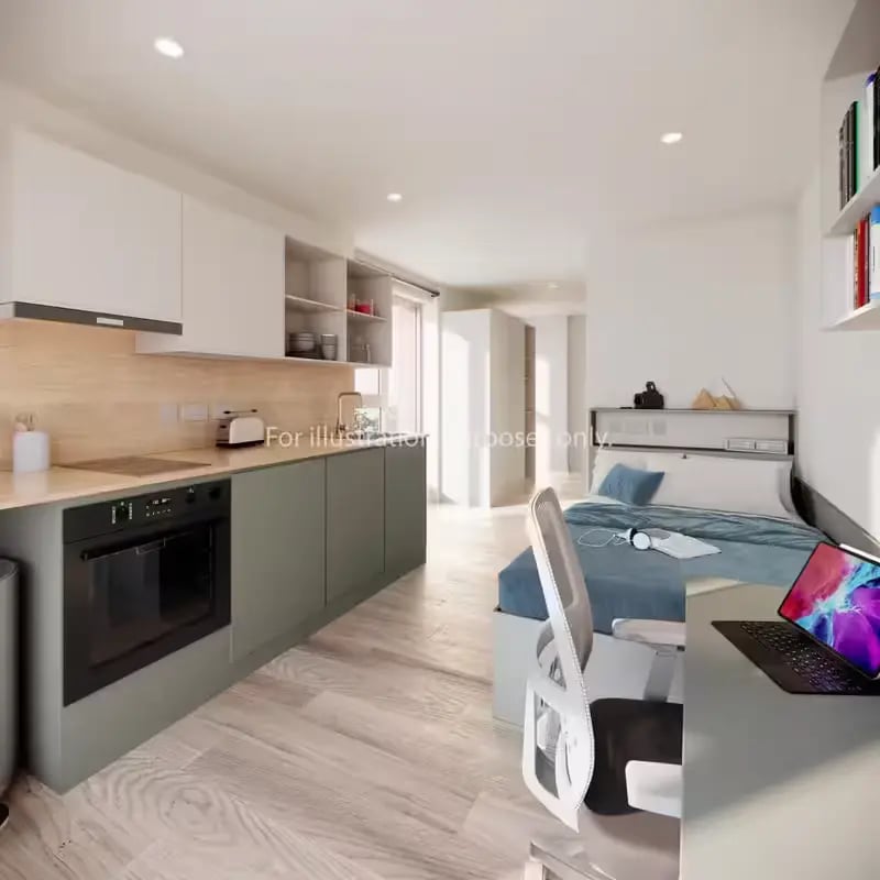 Kitchen bed desk and chair studio apartment at City Wharf in Glasgow Student Accommodation