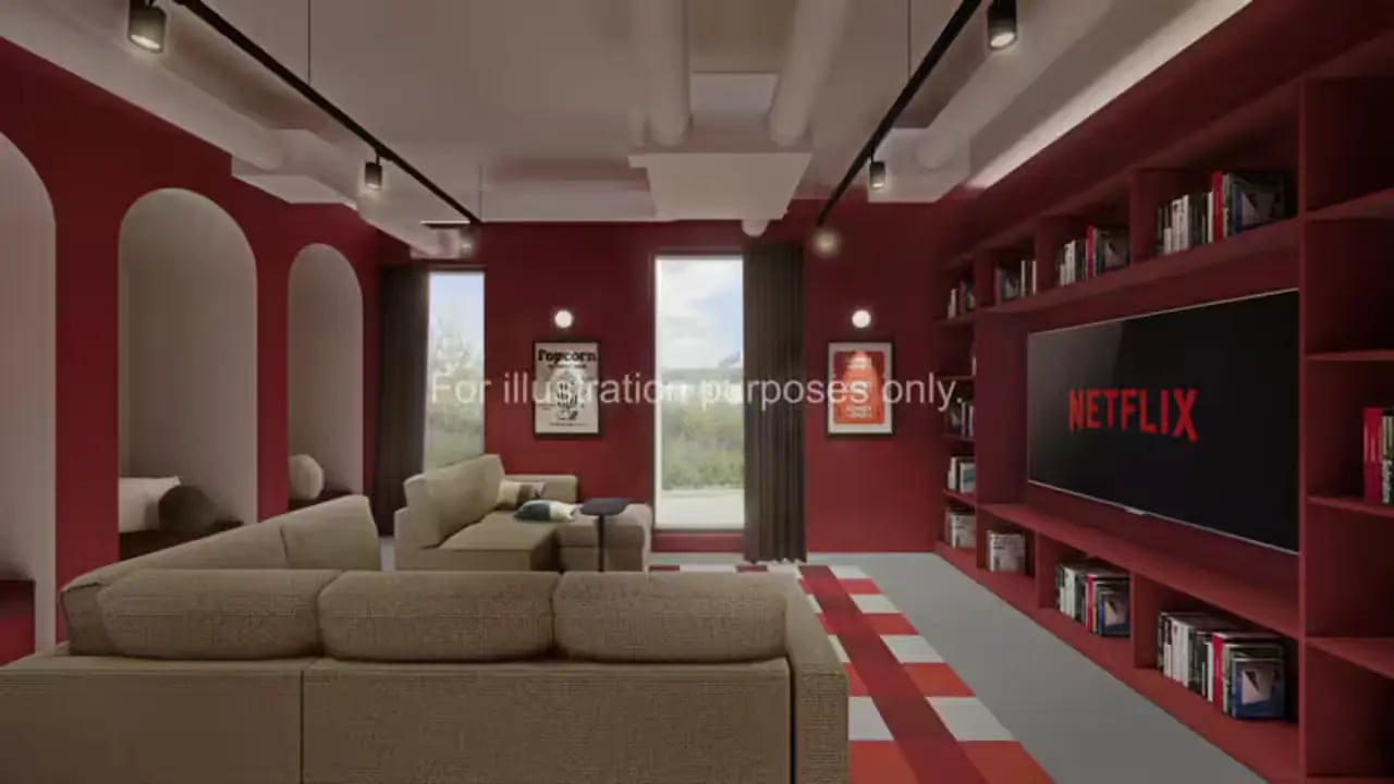 Comfortable couches bookshelves and Netflix screen living room at City Wharf in Glasgow Student Accommodation
