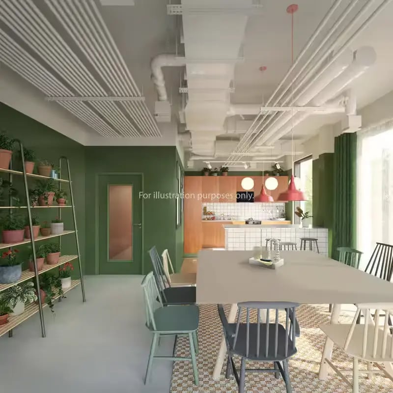 Dining table chairs shelves plants kitchen common area at City Wharf in Glasgow Student Accommodation