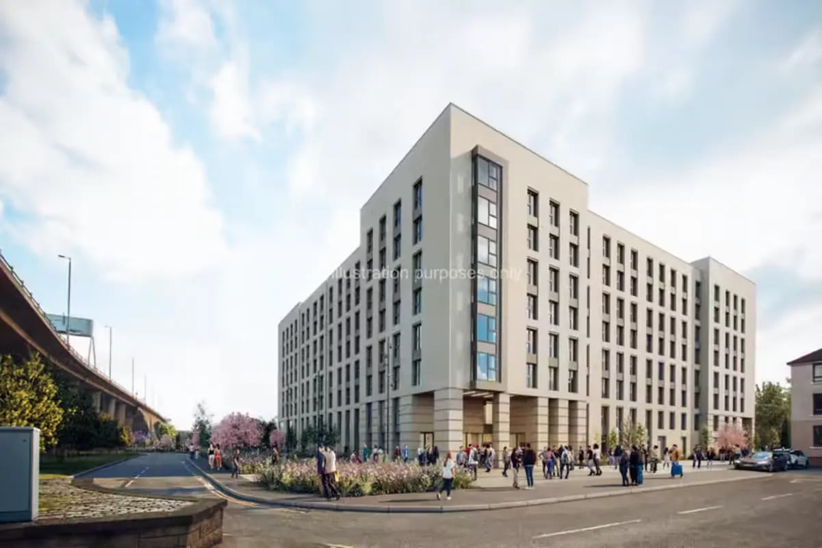 Modern student accommodation building with many windows exterior at City Wharf in Glasgow Student Accommodation