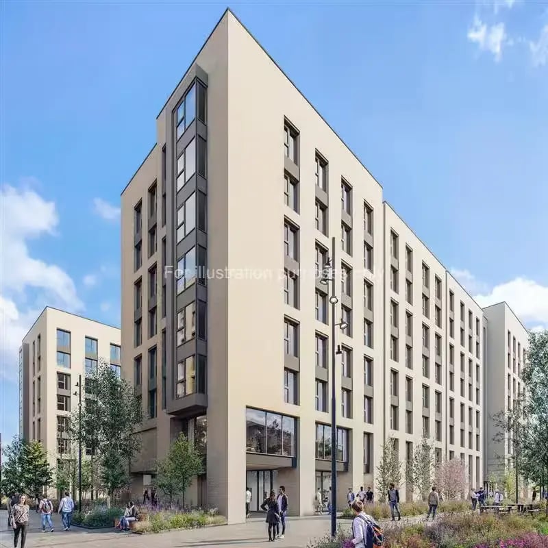 Modern beige student accommodation buildings with people outside exterior at City Wharf in Glasgow Student Accommodation