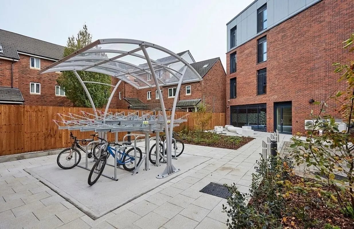 Covered bike racks and bicycles exterior at Regatta Place in Durham Student Accommodation