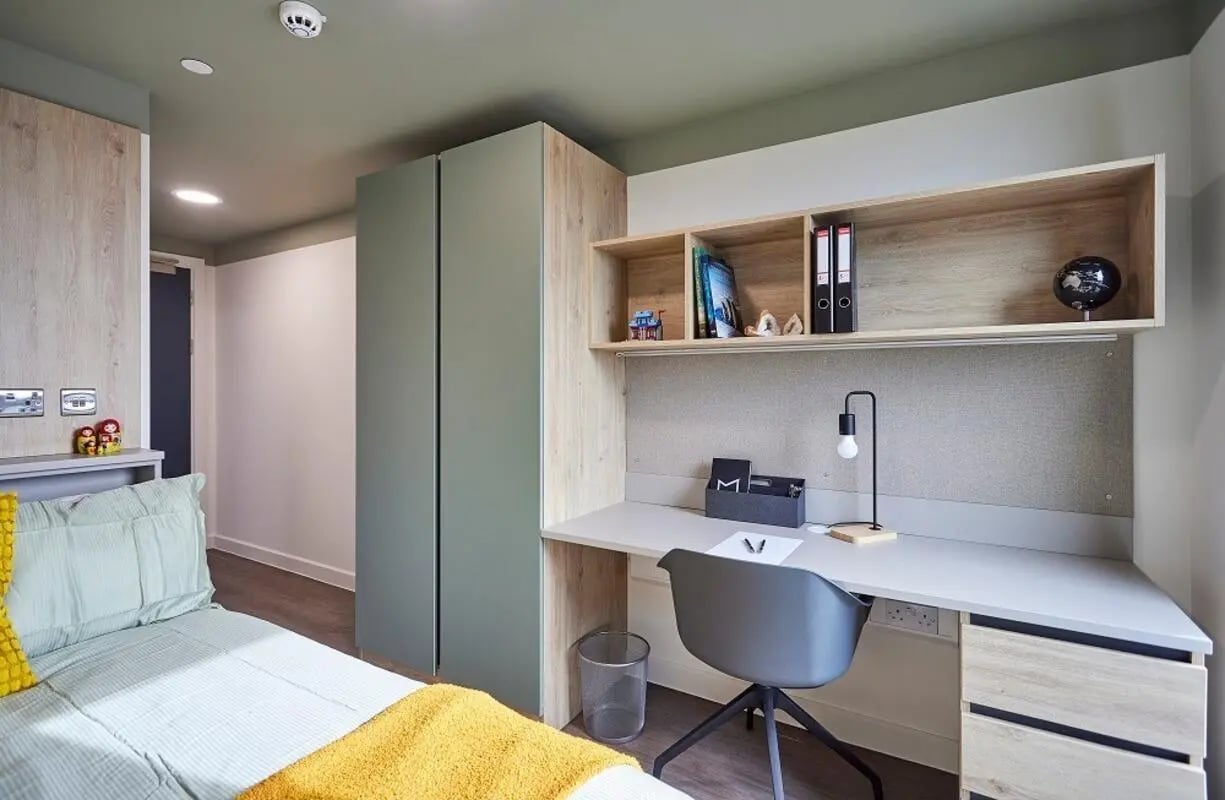 Bed desk and wardrobe Bedroom at Regatta Place in Durham Student Accommodation