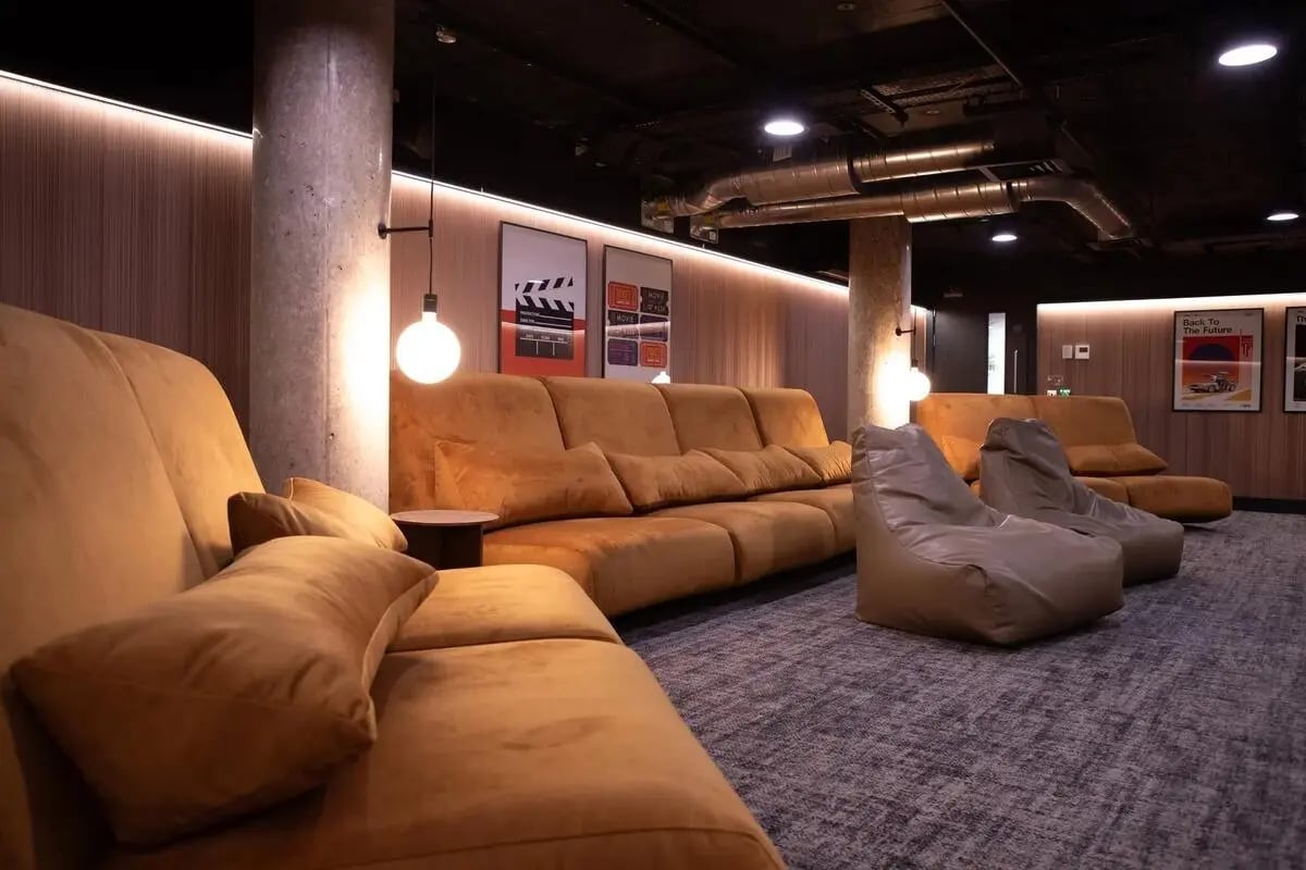 Sofas beanbags movie posters living room at Centre Court in Nottingham Student Accommodation
