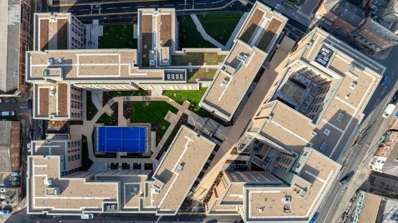 Aerial view student accommodation complex blue court exterior at Centre Court in Nottingham Student Accommodation