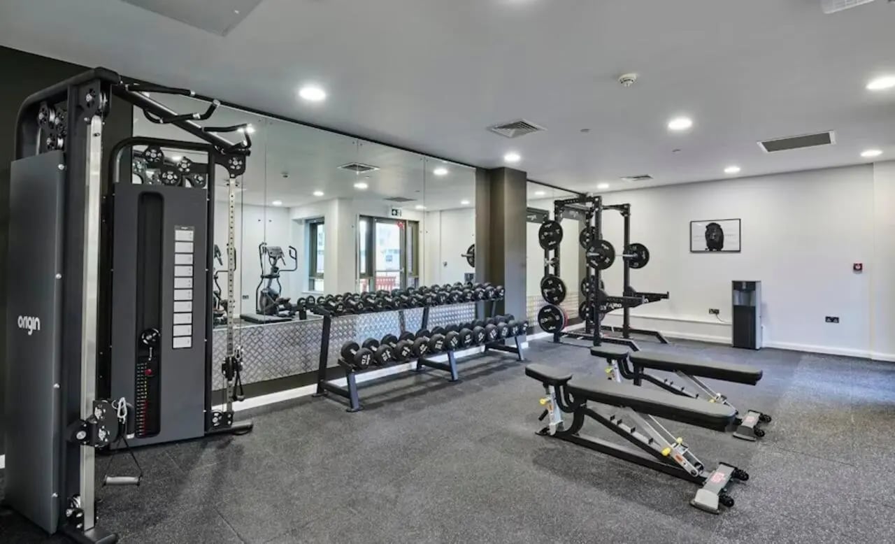 Gym equipment weight racks and benches gym at Deakins Place in Nottingham Student Accommodation