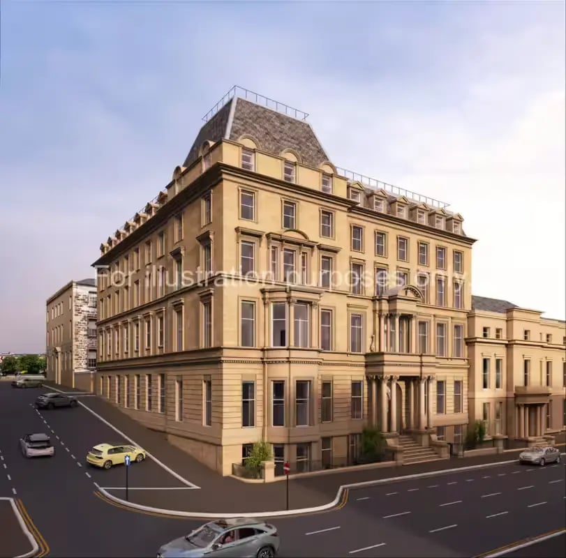 Large stone building with mansard roof exterior at Glasgow Citi View  in Glasgow Student Accommodation