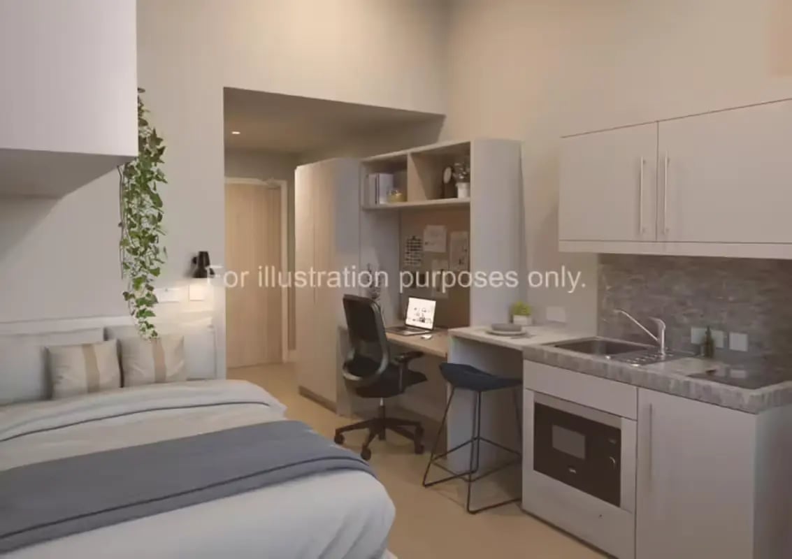 Bed desk kitchen area studio apartment at Glasgow Citi View  in Glasgow Student Accommodation
