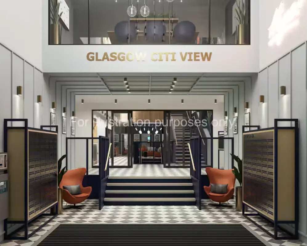 Modern lobby with orange chairs and mailboxes lobby at Glasgow Citi View  in Glasgow Student Accommodation
