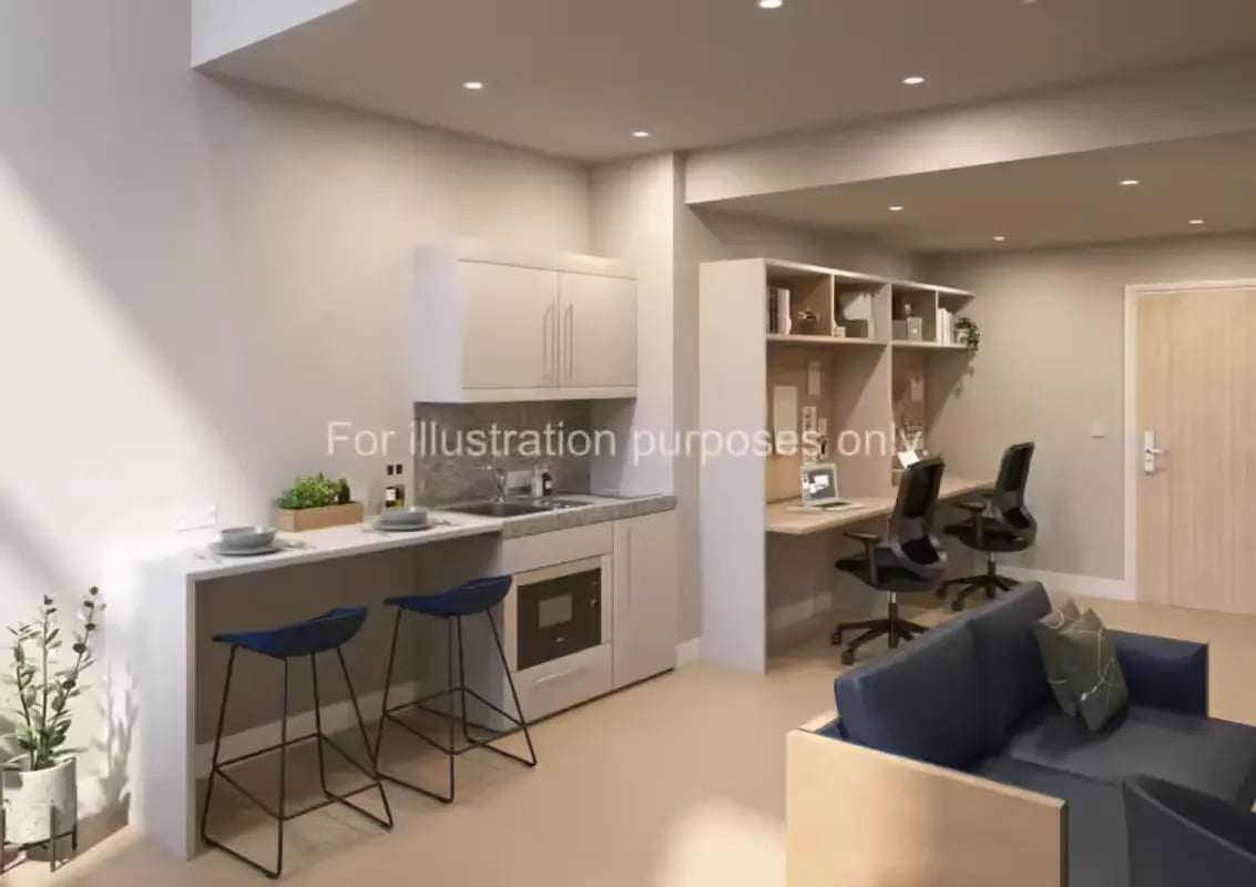Kitchenette desk area with seating and sofa living room at Glasgow Citi View  in Glasgow Student Accommodation