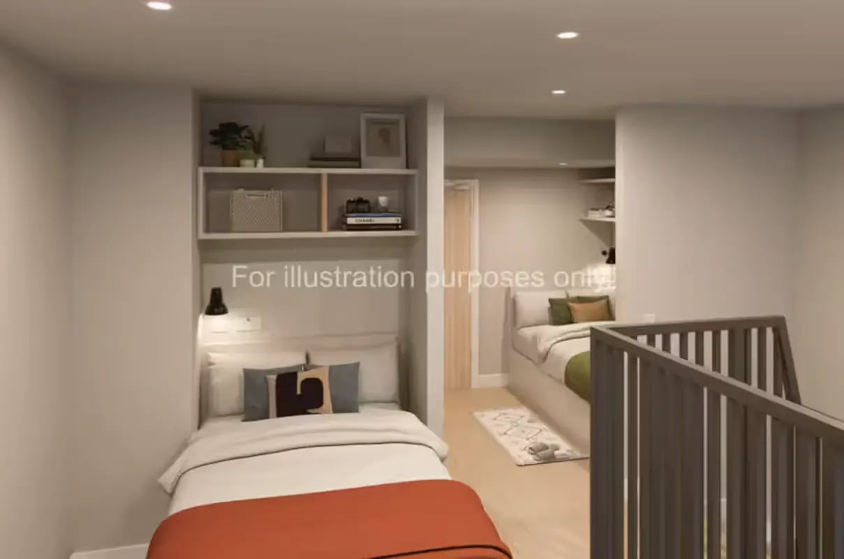 Two beds with shelves and railing Bedroom at Glasgow Citi View  in Glasgow Student Accommodation