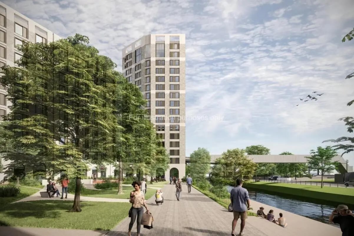 Modern apartment buildings trees walkway and canal exterior at Timber Yard in Bristol Student Accommodation