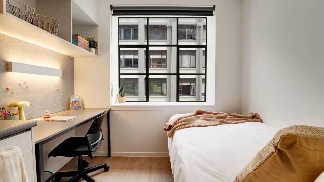Desk bed window and shelving study bedroom at UniLodge Auckland Central in Auckland Student Accommodation