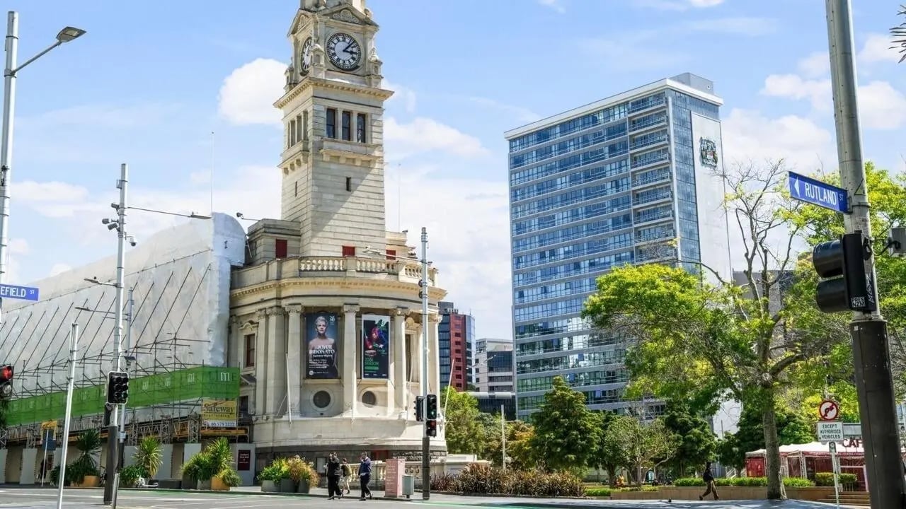 Historic clock tower modern building exterior at UniLodge Auckland Central in Auckland Student Accommodation
