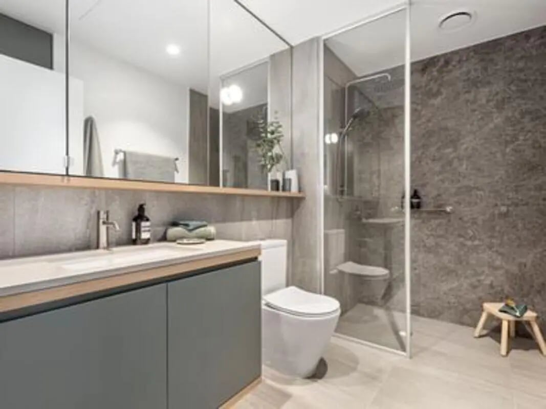 Modern bathroom with vanity toilet and shower stall Bathroom at Caulfield Place in Melbourne Student Accommodation