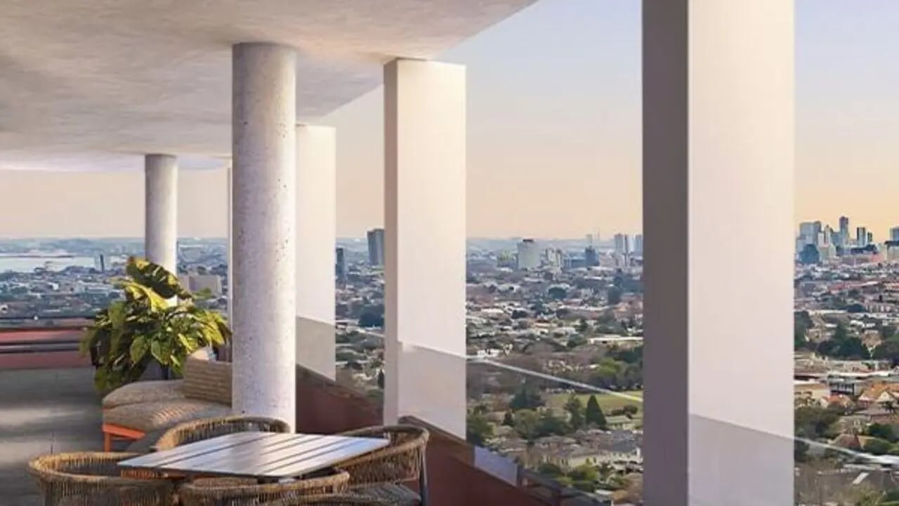 Outdoor seating and table with city view exterior at Caulfield Place in Melbourne Student Accommodation