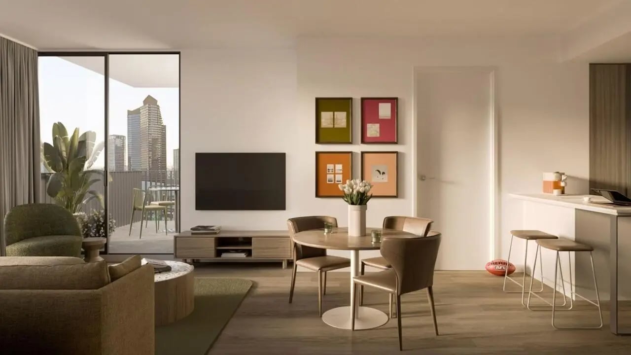 Modern apartment living dining kitchen area at The Archive - Residential Living in Melbourne Student Accommodation