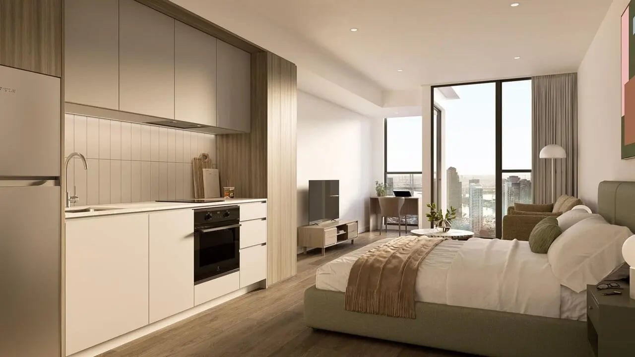 Studio apartment with kitchen bed desk living area at The Archive - Residential Living in Melbourne Student Accommodation