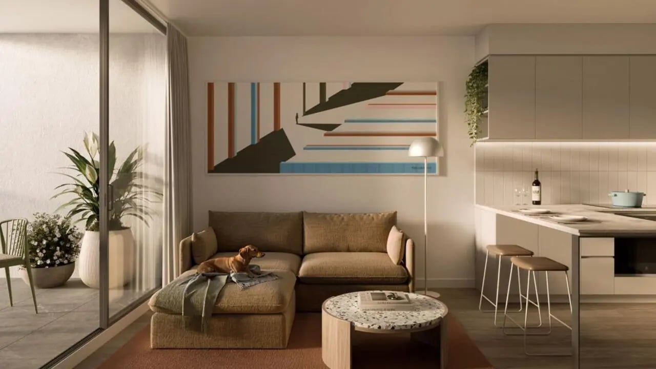 Sofa dog round coffee table modern kitchen living room at The Archive - Residential Living in Melbourne Student Accommodation